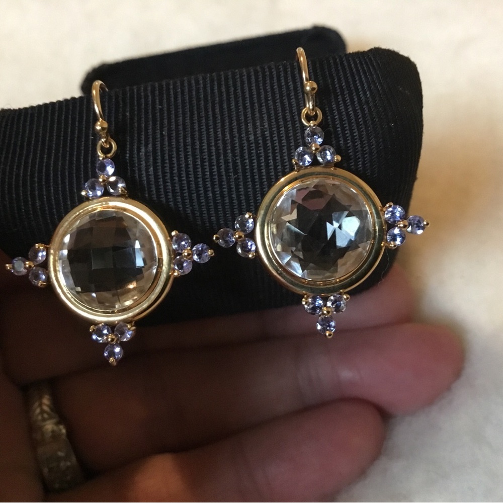 Estate 18K Yellow Gold Natural Faceted Clear Quartz & Tanzanite Dangle Earrings